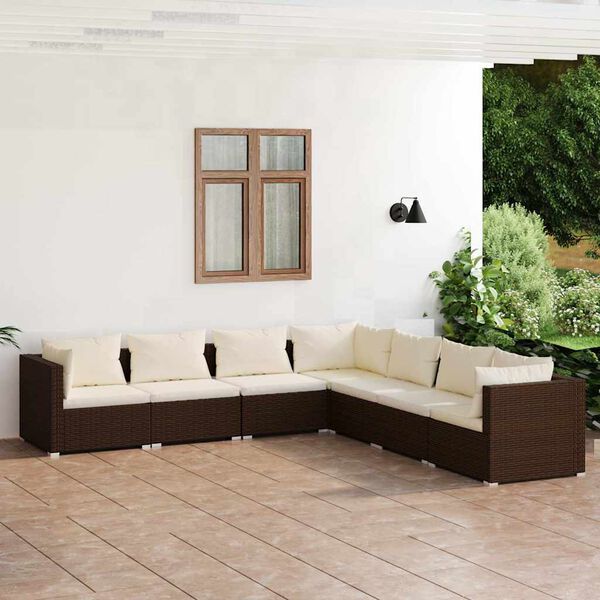 vidaXL Salon de jardin 7 pcs avec coussins R&eacute;sine tress&eacute;e Marron