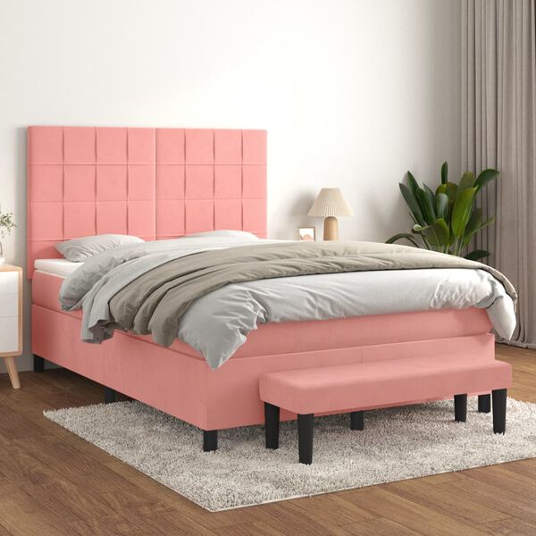 vidaXL Sommier &agrave; lattes de lit avec matelas Rose 140x190 cm Velours