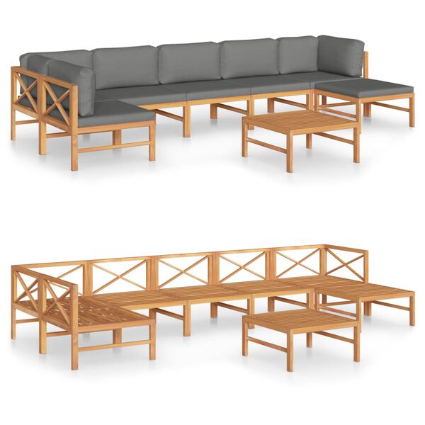 vidaXL Salon de jardin 8 pcs avec coussins gris bois de teck solide