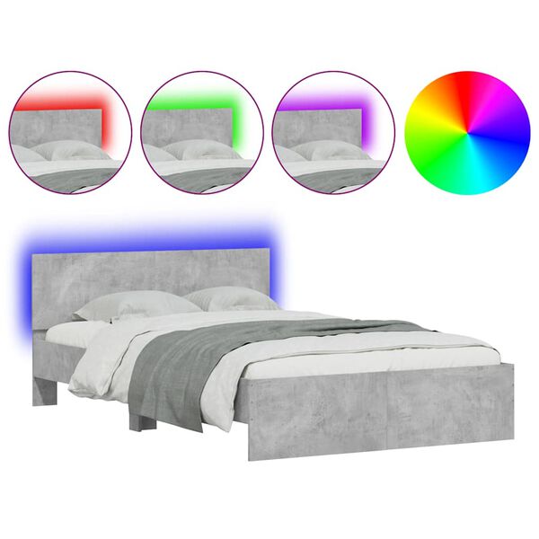 vidaXL Cadre de lit avec t&ecirc;te de lit et LED gris b&eacute;ton 135x190 cm