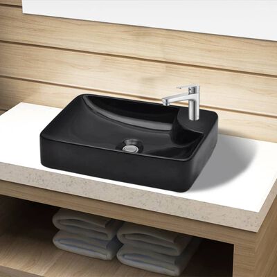vidaXL Vasque à trou pour robinet céramique Noir pour salle de bain