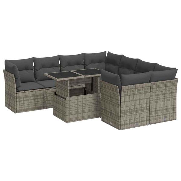 vidaXL Salon de jardin 9 pcs avec coussins gris résine tressée