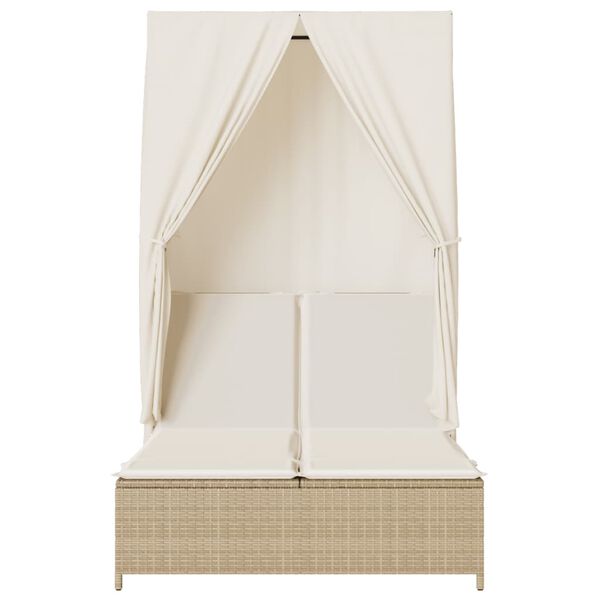 vidaXL Chaise longue double avec toit et rideaux beige r&eacute;sine tress&eacute;e