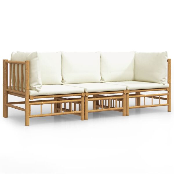vidaXL Salon de jardin 3 pcs avec coussins blanc cr&egrave;me bambou