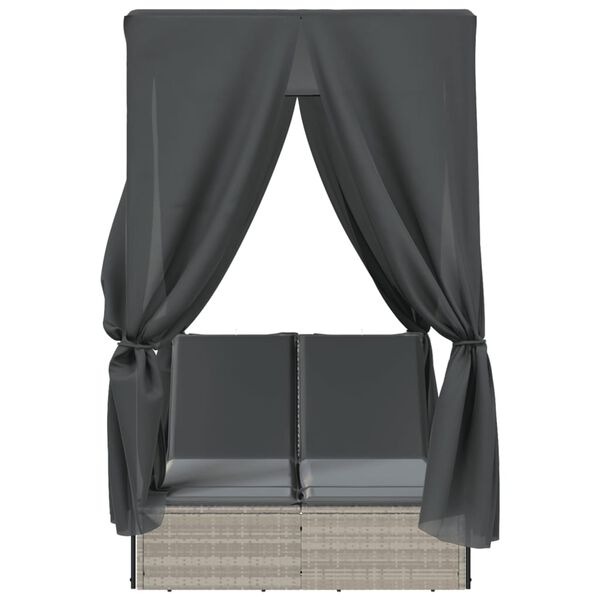 vidaXL Chaise longue double avec toit et rideaux gris clair poly rotin