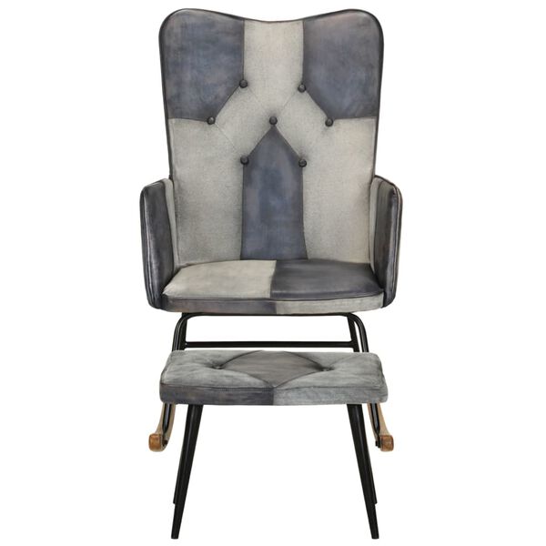 vidaXL Chaise &agrave; bascule et repose-pieds Gris Cuir v&eacute;ritable et toile