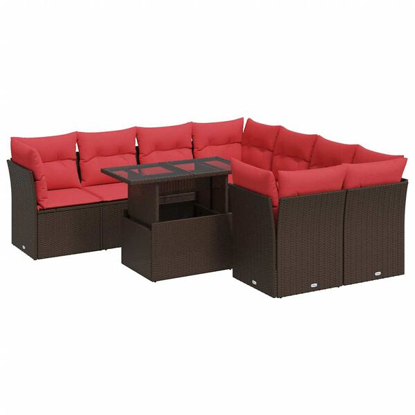 vidaXL Salon de jardin avec coussins 9pcs marron r&eacute;sine tress&eacute;e acacia