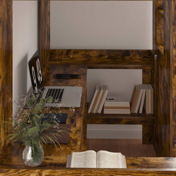 vidaXL Cadre de lit superpos&eacute; avec bureau Ch&ecirc;ne fum&eacute; 98,5 x 200 cm