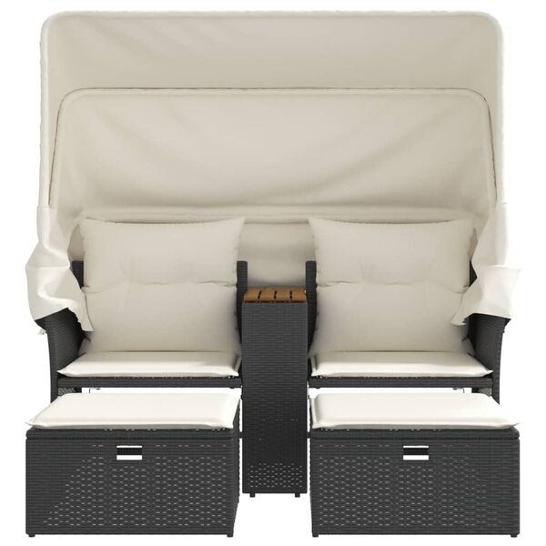 vidaXL Canapé de jardin 2 places avec auvent et tabourets noir rotin