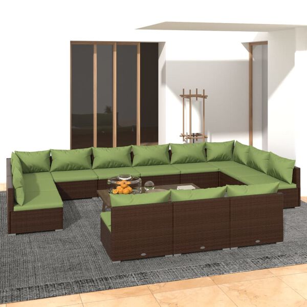 vidaXL Salon de jardin 13 pcs avec coussins Marron R&eacute;sine tress&eacute;e