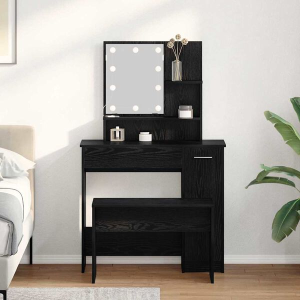 vidaXL Ensemble de table de maquillage LED avec porte 2 pcs Ch&ecirc;ne noir