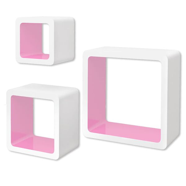 3 &Eacute;tag&egrave;res cubes murales et en MDF Blanc-Rose pour DVD/Livres