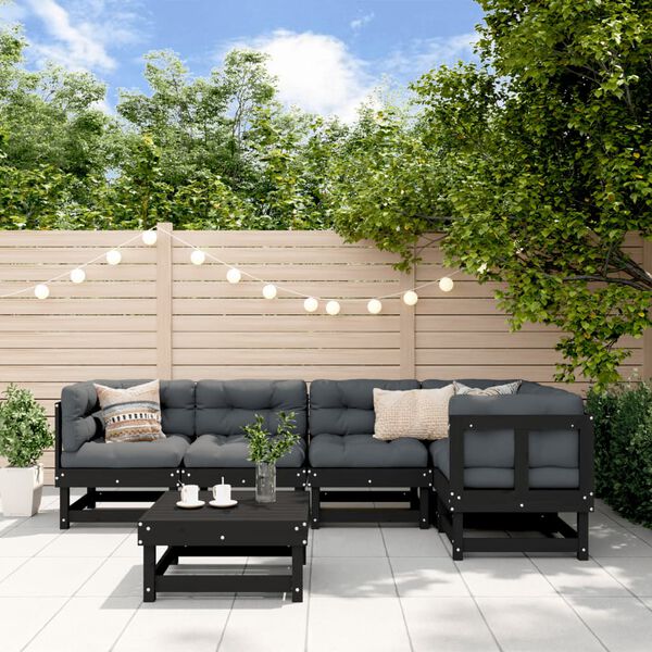 vidaXL Salon de jardin 6 pcs avec coussins noir bois massif