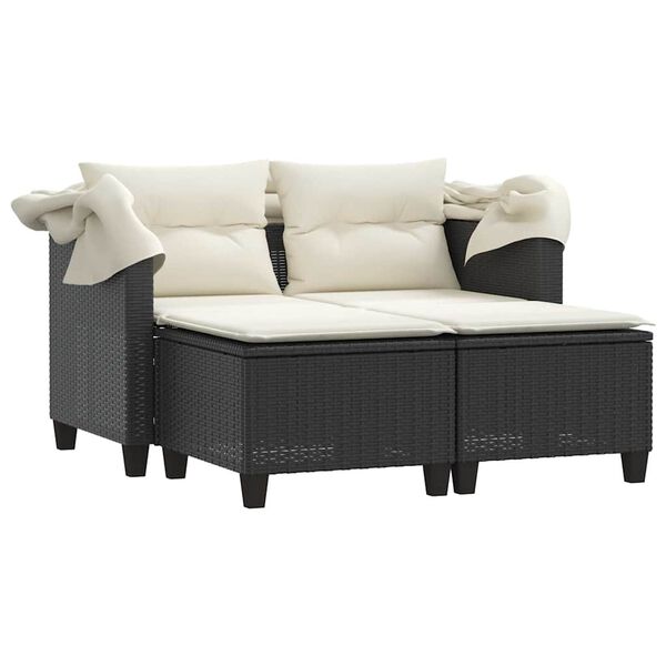 vidaXL Canap&eacute; de jardin 2 places avec auvent et tabourets noir rotin