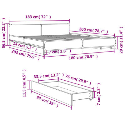 vidaXL Cadre de lit avec tiroirs sans matelas chêne sonoma 180x200 cm