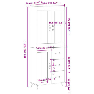 vidaXL Buffet haut Chêne marron 69,5x34x180 cm Bois d'ingénierie