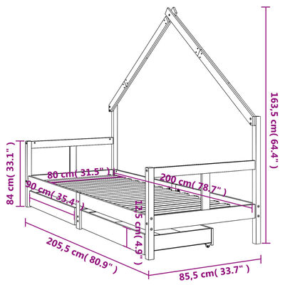 vidaXL Cadre de lit enfant tiroirs noir 80x200 cm bois de pin massif