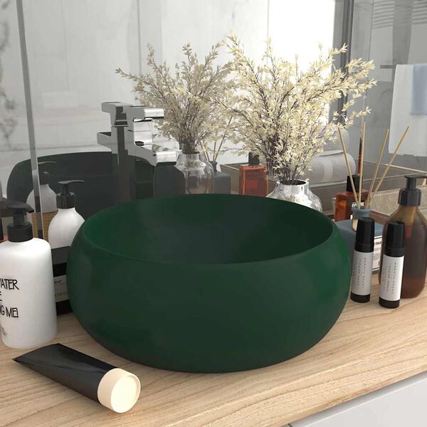 vidaXL Lavabo rond de luxe Vert fonc&eacute; mat 40x15 cm C&eacute;ramique