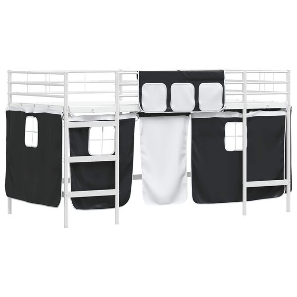 vidaXL Cadre de Lit Mezzanine pour Enfants avec Rideaux Blanc et Noir