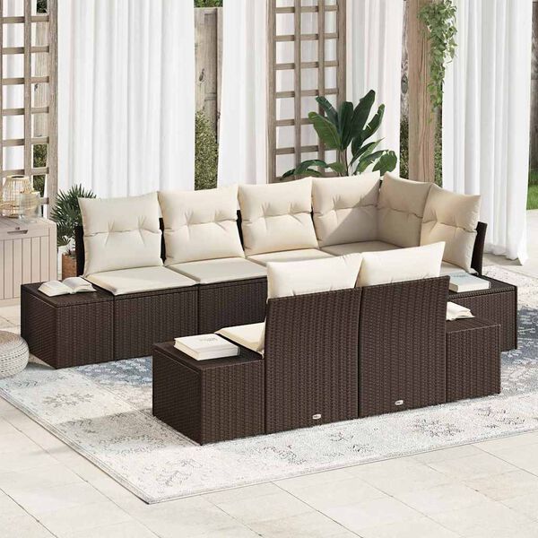 vidaXL Ensemble de canap&eacute; de jardin 7 pcs Marron et cr&egrave;me Poly rotin