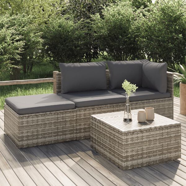 vidaXL Salon de jardin 4 pcs avec coussins Gris R&eacute;sine tress&eacute;e