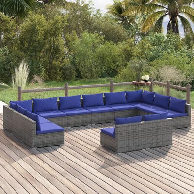 vidaXL Salon de jardin 12 pcs avec coussins Gris Résine tressée