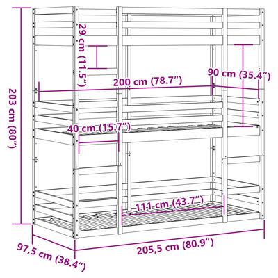 vidaXL Lit superposé triple sans matelas 90x200 cm bois de pin massif