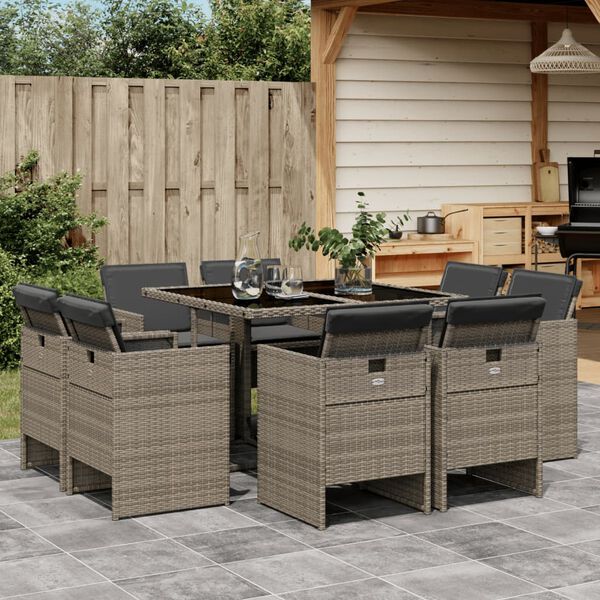 vidaXL Ensemble &agrave; manger de jardin 9 pcs coussins gris r&eacute;sine tress&eacute;e