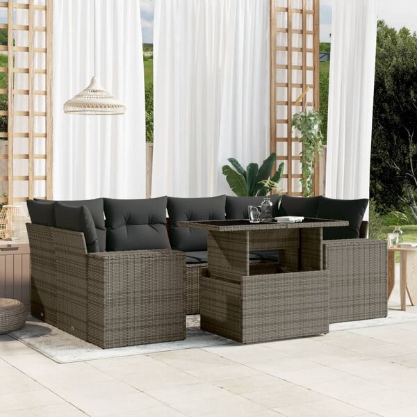vidaXL Salon de jardin avec coussins 7 pcs gris r&eacute;sine tress&eacute;e