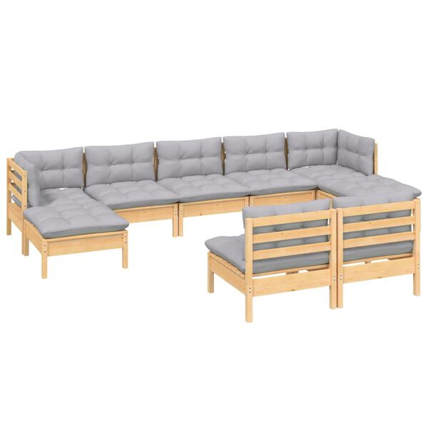 vidaXL Salon de jardin 9 pcs avec coussins gris bois de pin