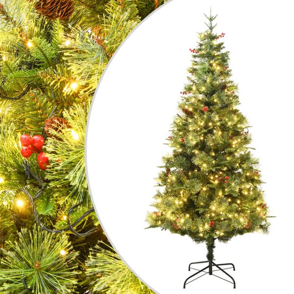vidaXL Sapin de No&euml;l pr&eacute;-&eacute;clair&eacute; et pommes de pin vert 225cm PVC et PE