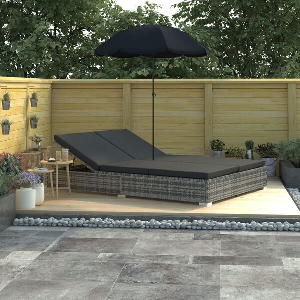 vidaXL Chaise longue d'ext&eacute;rieur avec parasol R&eacute;sine tress&eacute;e Gris