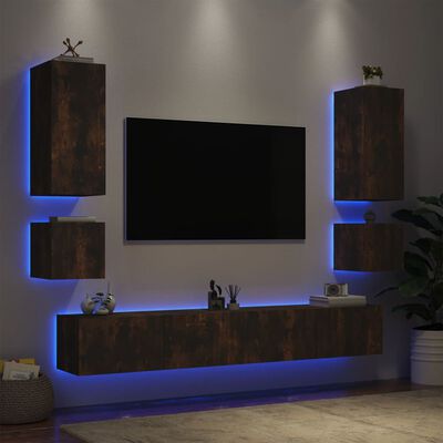 vidaXL Meuble TV muraux 6 pcs avec lumières LED chêne fumé