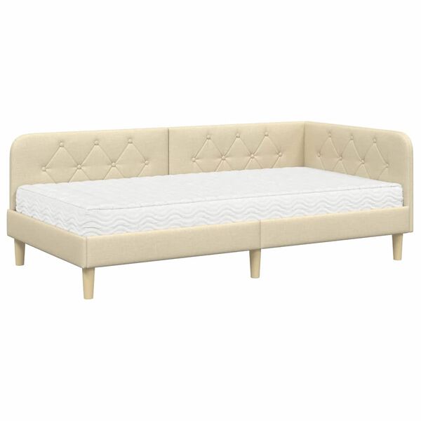 vidaXL Cadre de lit d'angle avec matelas Cr&egrave;me 90 x 190 cm tissu