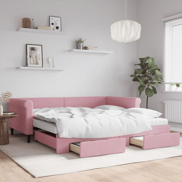 vidaXL Lit de jour avec gigogne et tiroirs rose 100x200 cm velours