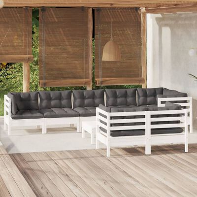 vidaXL Salon de jardin 9 pcs avec coussins blanc bois de pin massif