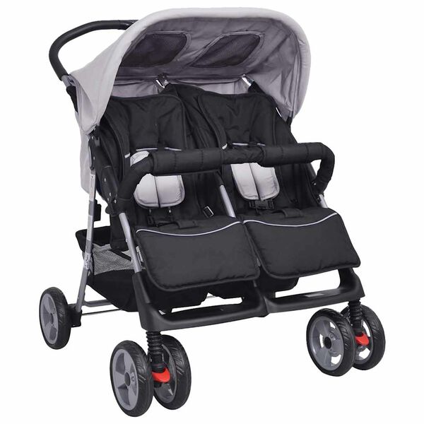 vidaXL Poussette &agrave; deux places Acier Gris et noir