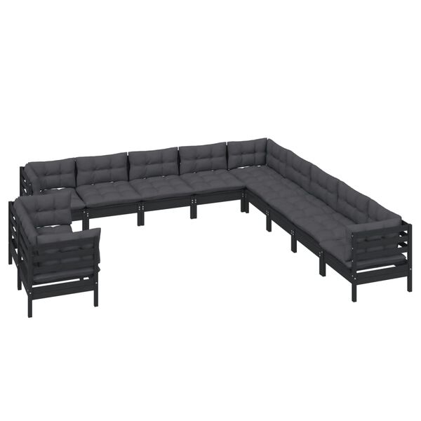 vidaXL Salon de jardin 11 pcs avec coussins Noir Bois de pin solide