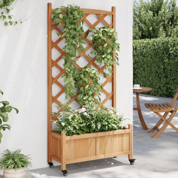 vidaXL Jardini&egrave;re avec treillis et roues marron bois massif de sapin