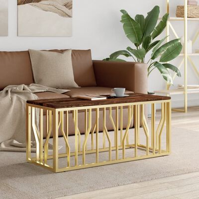 vidaXL Table basse doré acier inoxydable et bois massif récupération
