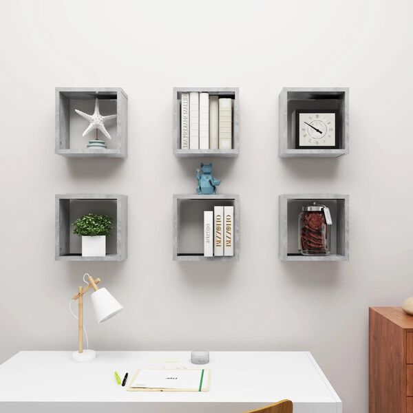 vidaXL &Eacute;tag&egrave;res cube murales 6 pcs Gris b&eacute;ton 30x15x30 cm