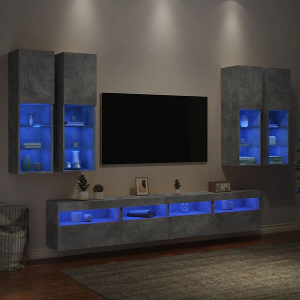 vidaXL Ensemble de meubles TV muraux 7pcs et lumi&egrave;res LED gris b&eacute;ton