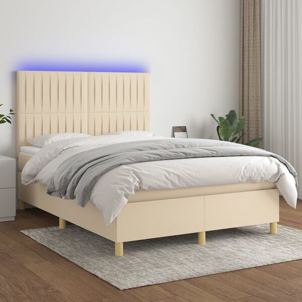 vidaXL Sommier &agrave; lattes de lit et matelas et LED Cr&egrave;me 140x190cm Tissu