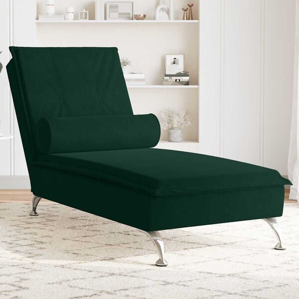 vidaXL Chaise longue de massage avec traversin vert fonc&eacute; velours