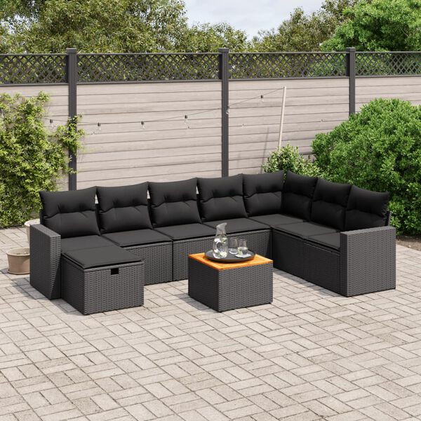 vidaXL Salon de jardin 9 pcs avec coussins noir r&eacute;sine tress&eacute;e