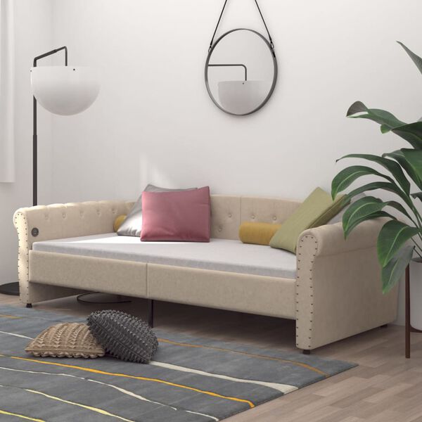 vidaXL Lit avec matelas et USB Cr&egrave;me Tissu 90x200 cm
