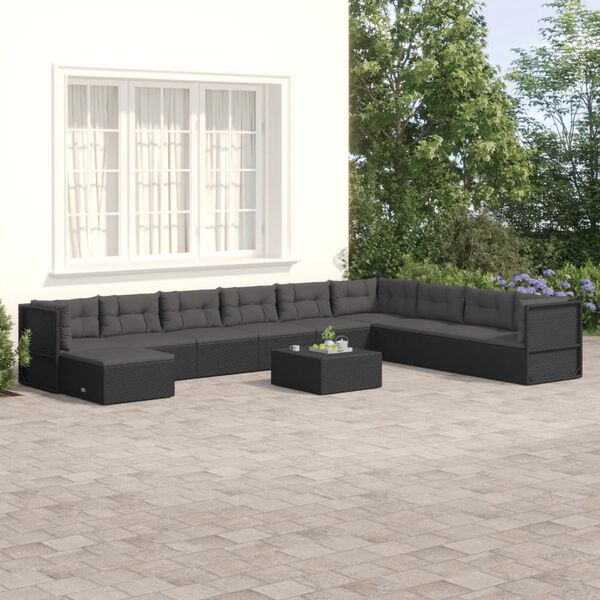vidaXL Salon de jardin 10 pcs avec coussins noir r&eacute;sine tress&eacute;e