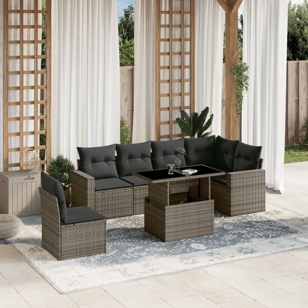 vidaXL Salon de jardin avec coussins 7 pcs gris r&eacute;sine tress&eacute;e