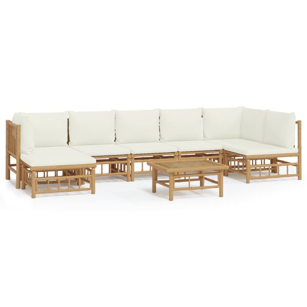vidaXL Salon de jardin 8 pcs avec coussins blanc cr&egrave;me bambou