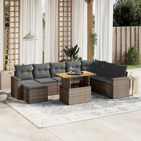 vidaXL Salon de jardin 9 pcs avec coussins gris r&eacute;sine tress&eacute;e